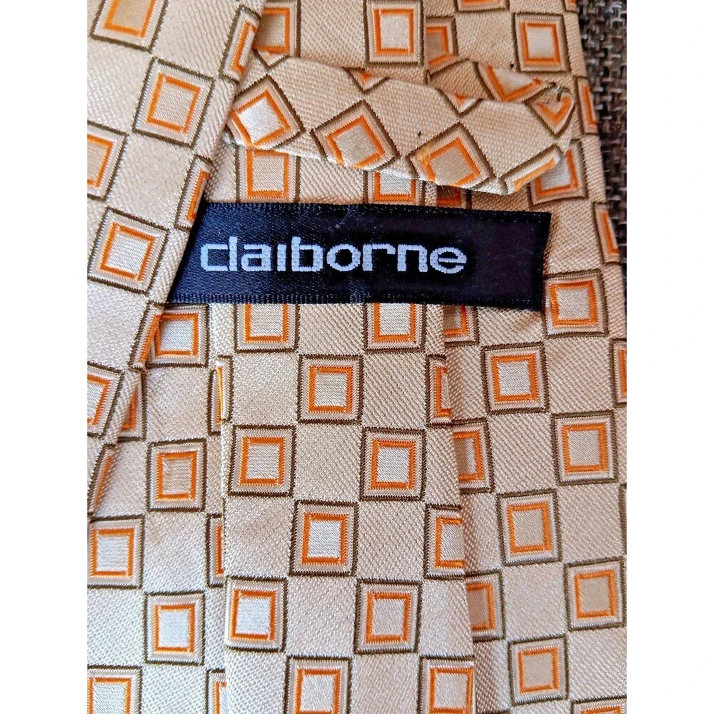 Tie 70s 80s 90s Y2K New Vintage Stock Mens Claiborne Beige Yellow 4 Wide 58 Long